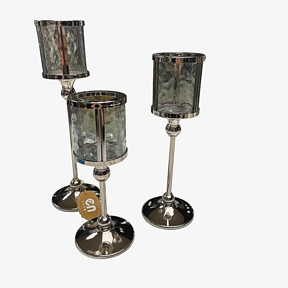 3'LÜ GÜMÜŞ METAL AYAKLI YUVARLAK CAM MUMLUK SETİ