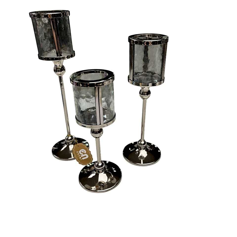 3'LÜ GÜMÜŞ METAL AYAKLI YUVARLAK CAM MUMLUK SETİ