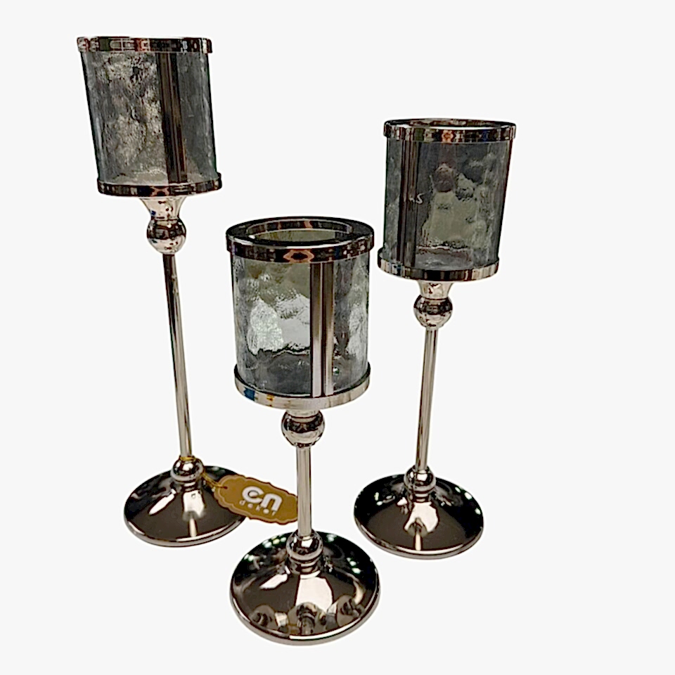 3'LÜ GÜMÜŞ METAL AYAKLI YUVARLAK CAM MUMLUK SETİ